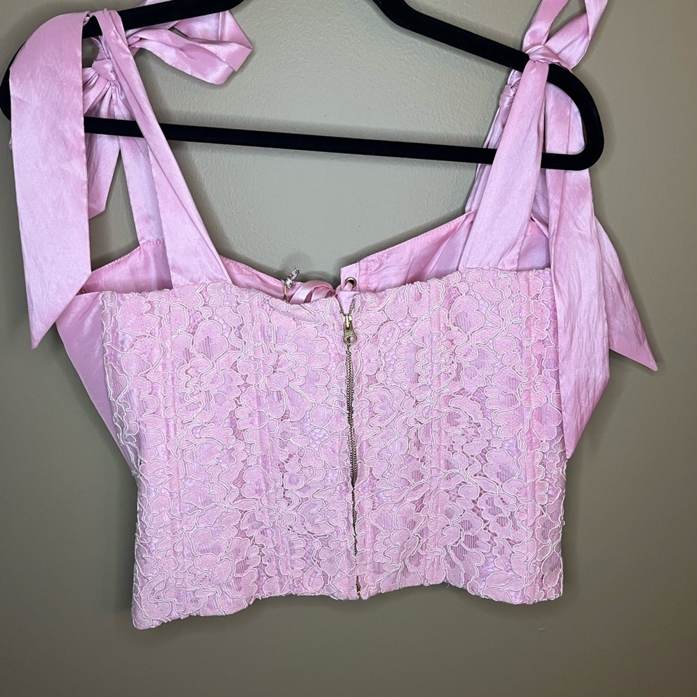 LoveShackFancy Pink Lace-Up Satin Corset Top - Picture 6 of 7